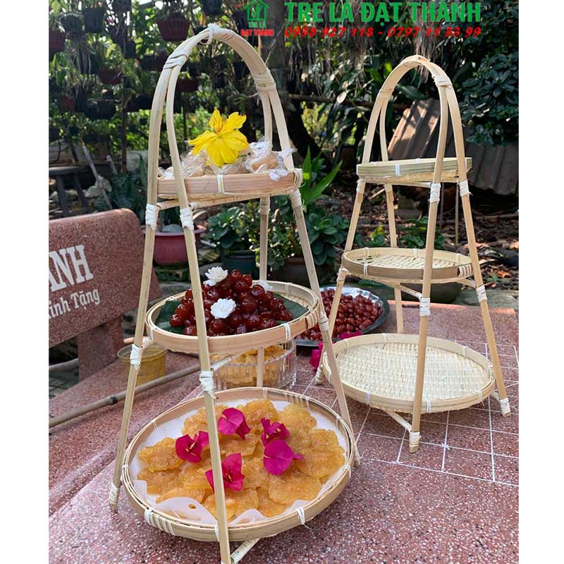 Mẹt tre 3 tầng vuông, kệ mẹt tre vuông đựng bánh mứt trái cây