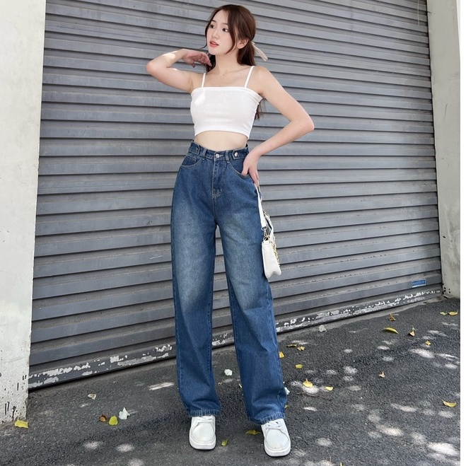 [ORNY92] QUẦN JEANS ỐNG RỘNG NỮ LƯNG CAO CẠP CHỈNH XANH ĐẬM PHUN THỜI TRANG LAI CUỐN TÔN DÁNG CÁ TÍNH THỜI THƯỢNG