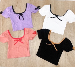 Áo thun croptop cổ nơ tay phồng
