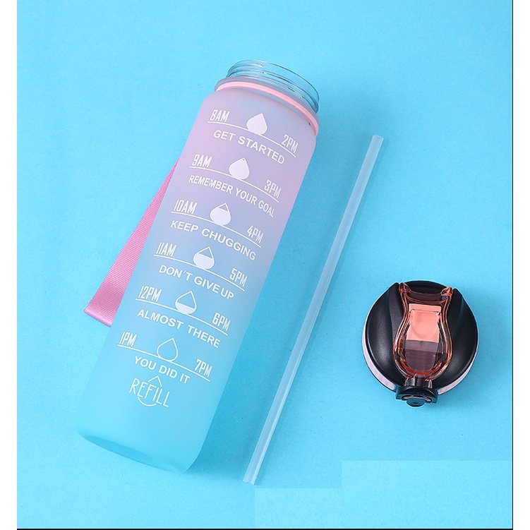 Bình Nước 1L Dễ Thương Có Vạch Báo Giờ Uống Nước, Bình Đựng Nước 2 Lít Có Ống Hút Phối Màu 3D