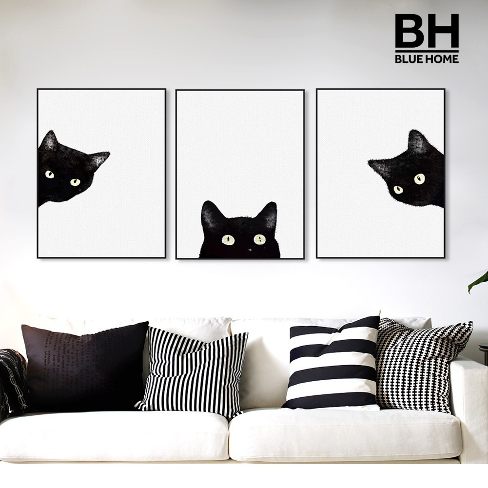 Bộ 3 Bức Tranh Vải Canvas Treo Tường Trang Trí Phòng Ngủ Hình Mèo Xinh Xắn