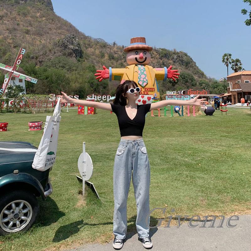 Áo Thun Tay Ngắn Cổ Chữ V Màu Sắc Đơn Giản Cho Nữ