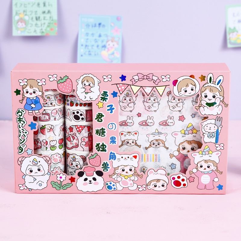 Hộp sticker cute washi tape dán sổ tay decor set 10 cuộn băng dính 10 hình dán sicker