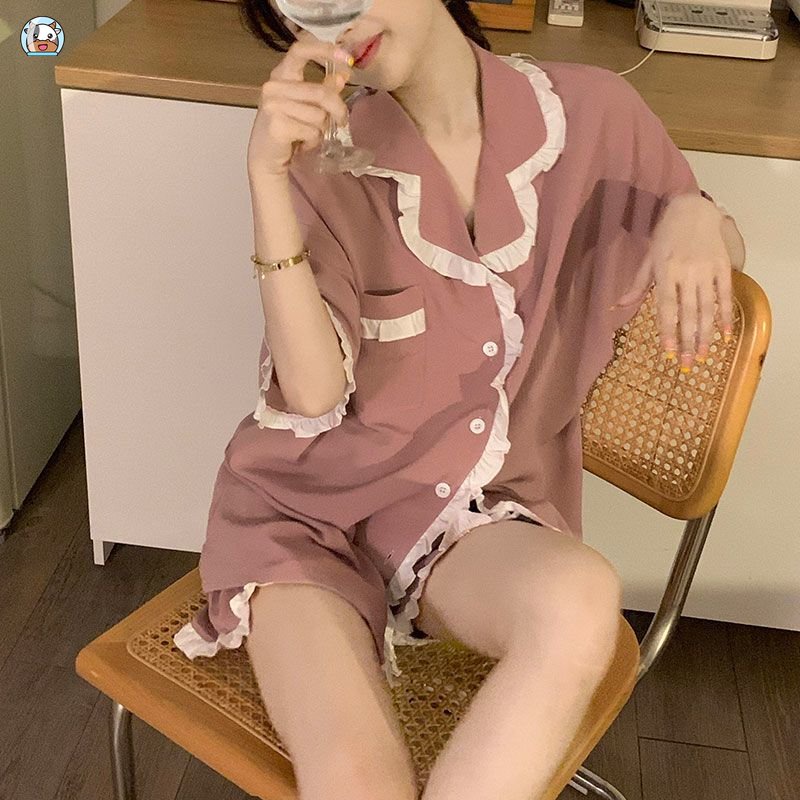 Bộ Đồ Ngủ Tay Ngắn Phối Ren Màu Hồng Phong Cách Nhật Bản Thời Trang Mùa Hè Mới Cho Nữ