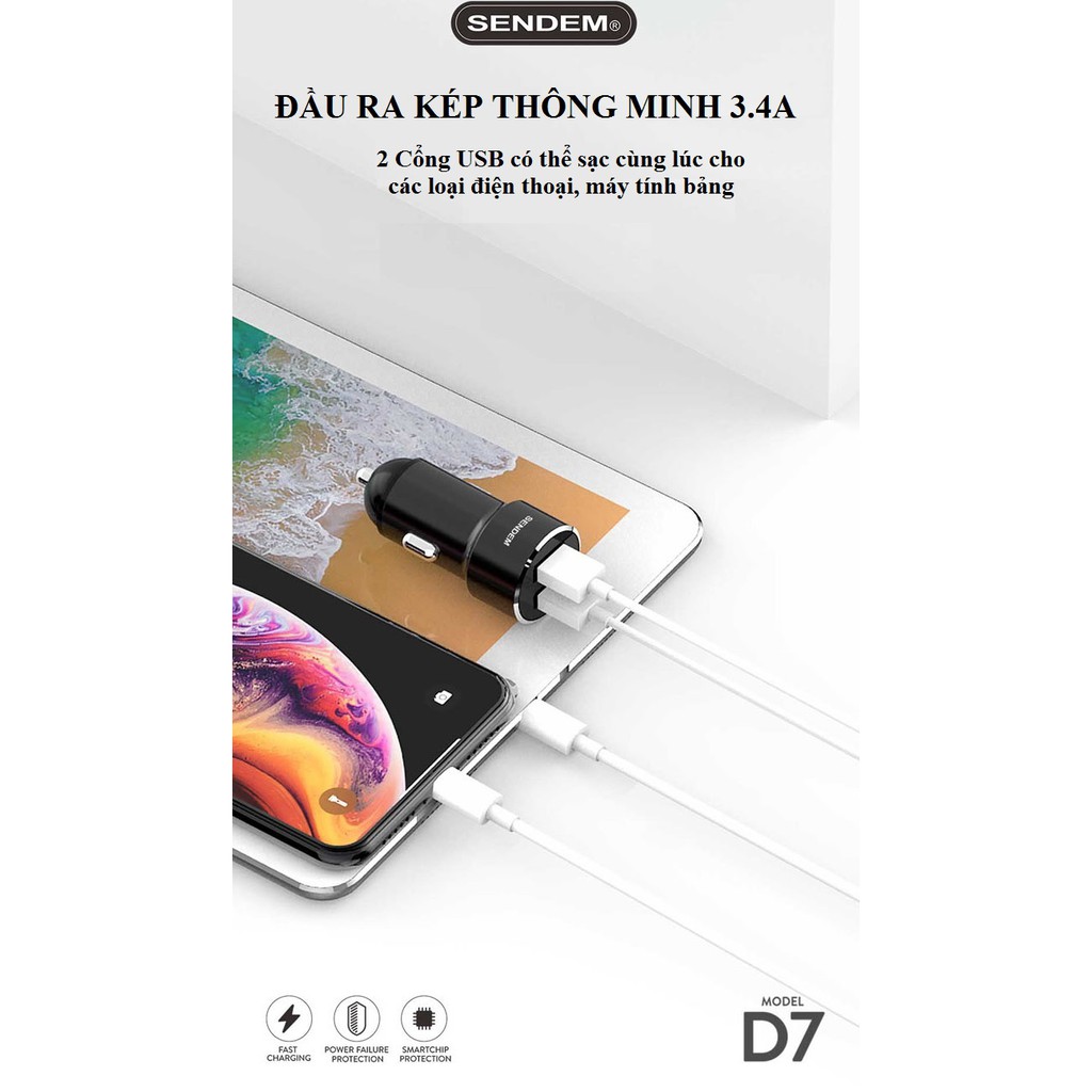Tẩu sạc ô tô ❤️FREESHIP❤️ SENDEM D7 kim loại cao cấp 2 cổng USB sạc nhanh - Hàng CHÍNH HÃNG - Bảo hành 1 năm