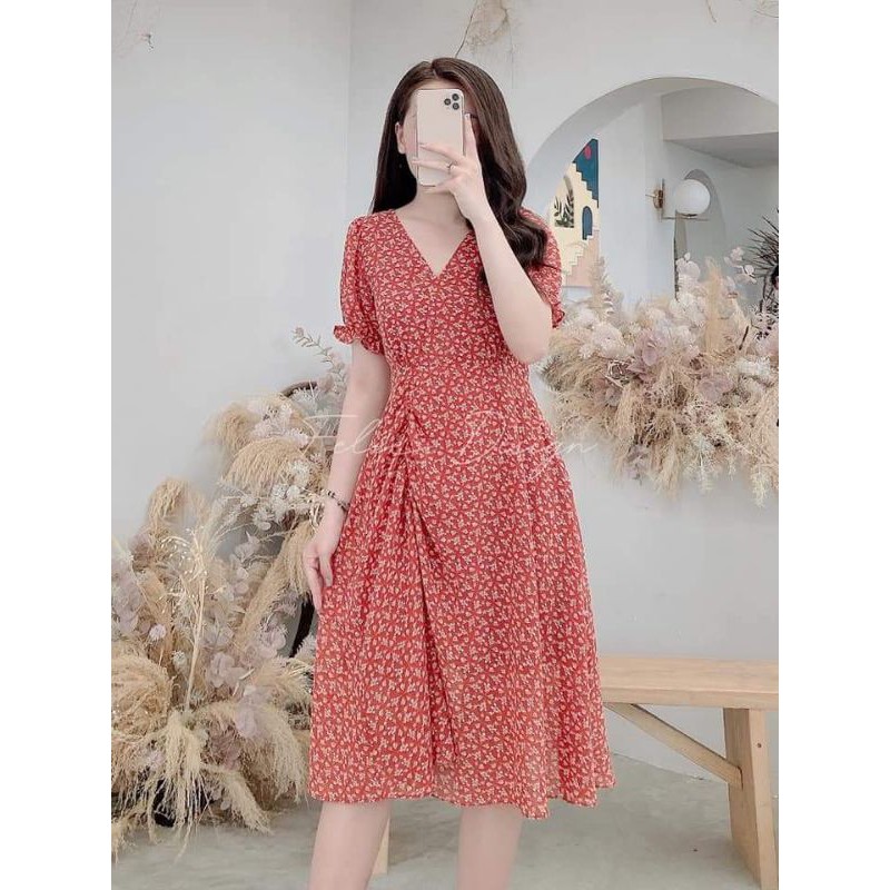 Đầm hoa đỏ nhún eo