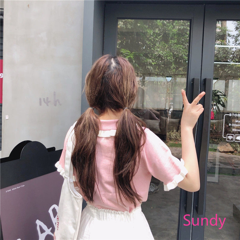 Áo Dệt Kim Tay Ngắn Dáng Rộng Phối Nơ Xinh Xắn Dành Cho Nữ