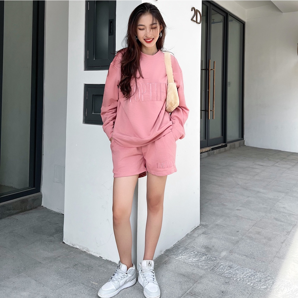 Bộ quần áo nỉ thêu oversize TOPTIFY sweater và short Burning Love Set ST05