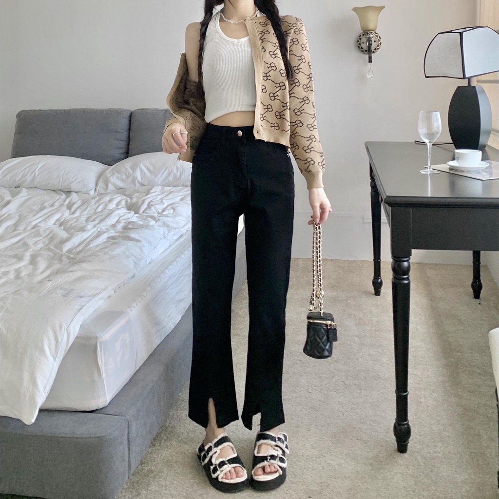 Quần Jean Đen Lưng Cao Ống Rộng Thiết Kế Xẻ Tà Phong Cách Hàn Quốc Trẻ Trung