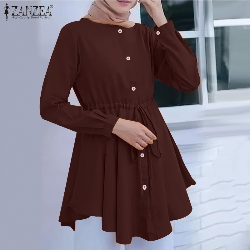 Áo nữ ZANZEA dáng xòe tay dài cổ tròn kích thước rộng phong cách thời trang Hồi Giáo