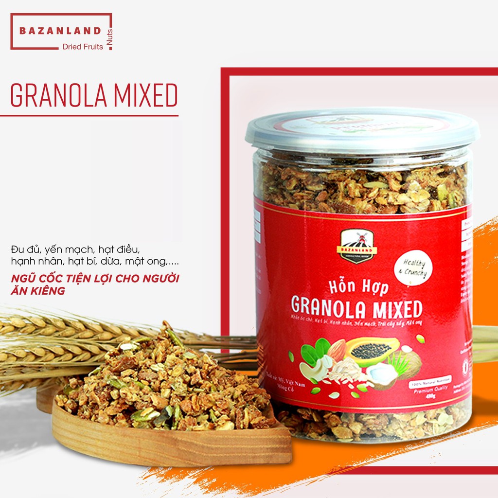 Hạt dinh dưỡng Bazanland GRANOLA – MIXEDNUTS 480gr - Ngũ cốc tiện lợi cho người ăn Kiêng (Đỏ) - Nhất Tín Food