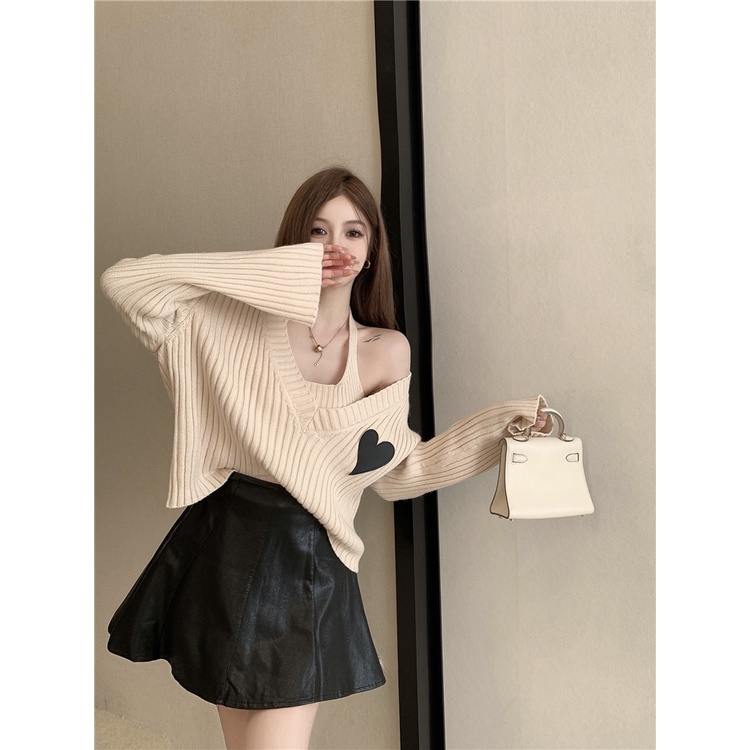 áo len cổ chữ V trễ vai + chân váy da thời trang nữ (có bán lẻ)