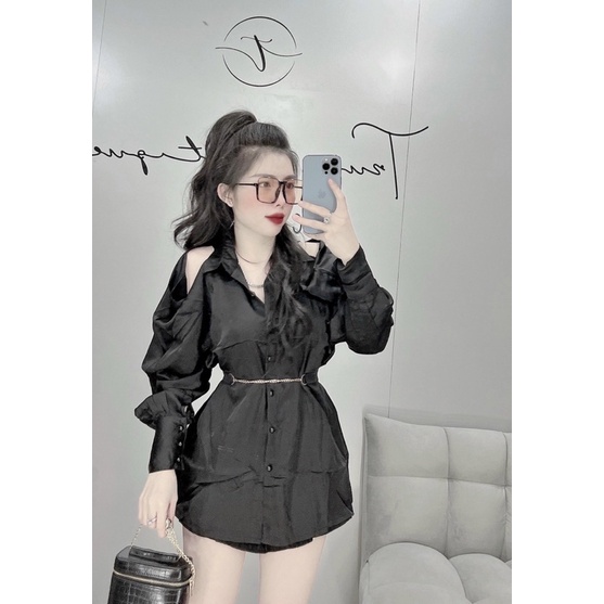 Đầm Sơ mi Satin Nút Châu Khoét Vai