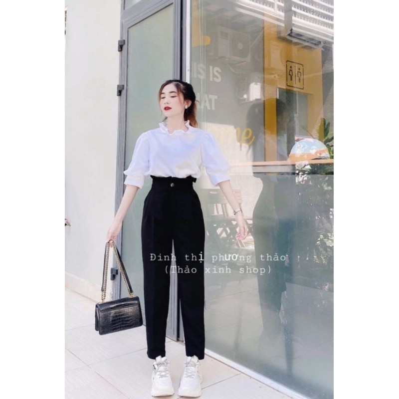 Set áo sơ mi trắng cổ trụ quần tây baggy cạp cao bèo thảo xinh shop kèm ảnh thật