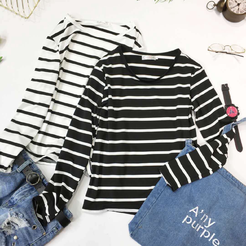 Áo Thun Dài Tay Họa Tiết Kẻ Sọc Trắng Đen Thời Trang Mùa Thu 2022Y 274Y