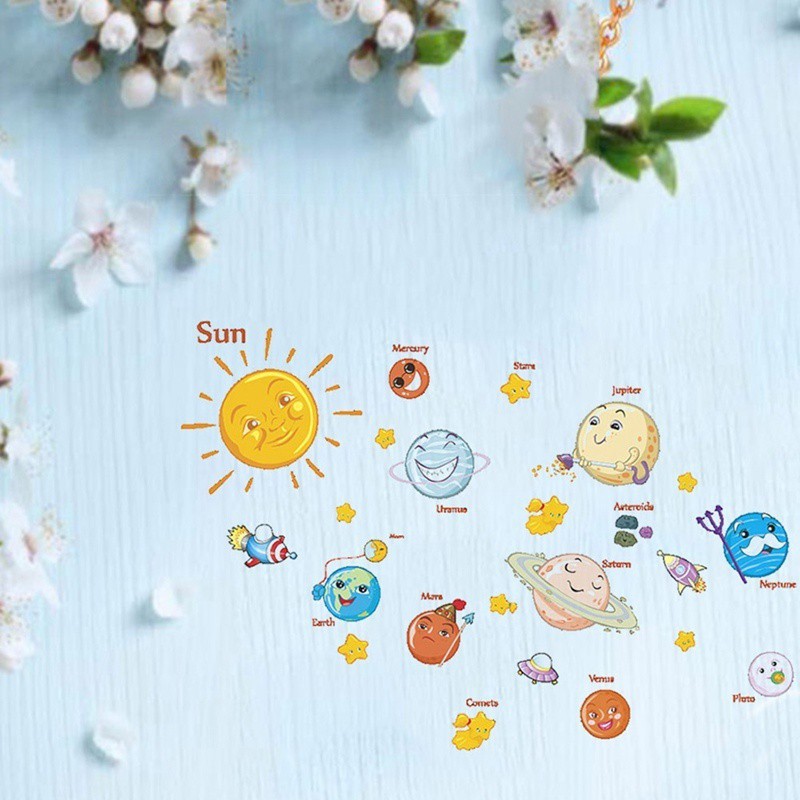 Miếng dán tường hỉnh mặt trời/hành tinh phong cách hoạt hình dùng trang trí phòng