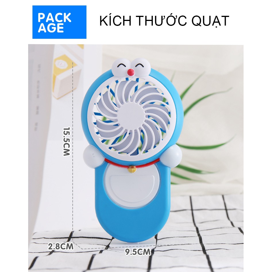 Quạt mini cầm tay, để bàn tích điện 3 chế độ hình doremon, đồ gia dụng FAMAHA