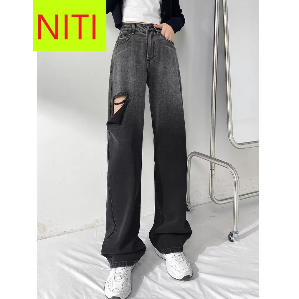 [ Ý TRỜI ] QUẦN JEAN ỐNG RỘNG NỮ LƯNG CAO LOANG MÀU XÁM RÁCH VẠT PHẢI CAO LAI CUỐN FORM SIÊU HOT CAO CẤP NITI SIÊU HOT