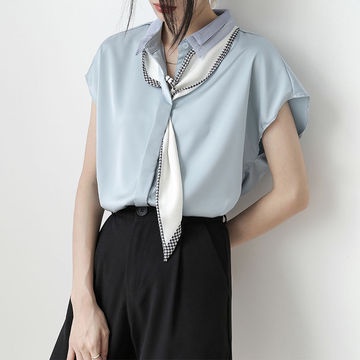 Áo sơ mi chiffon tay ngắn màu trắng phong cách phương Tây mùa hè cho nữ