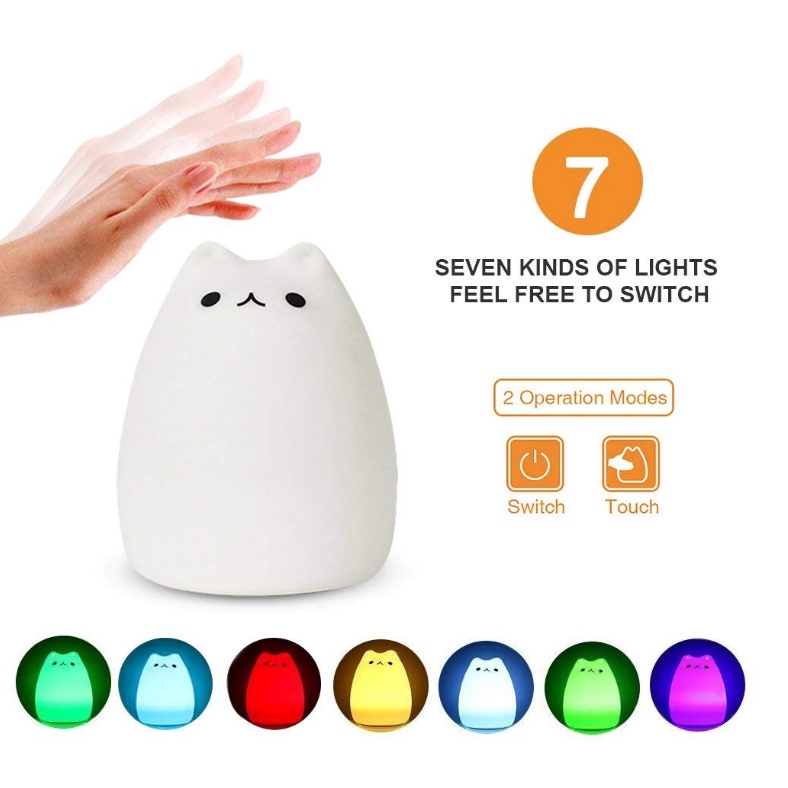 Kids Soft LED Night Light Silicone Cute Cat Carton Nursery Night Lights with Warm Lighting and 7-Color Breathing Modes