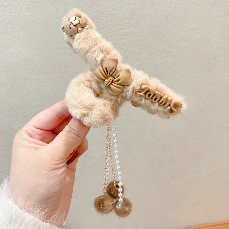 Kẹp Tóc Mỏ Vịt Đính Nơ Phối Lông Tua Rua Nhiều Màu Thời Trang Cho Nữ