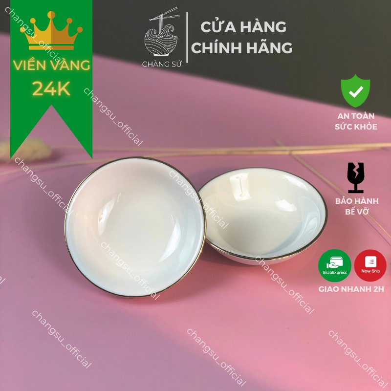 Đĩa chấm viền vàng thật 12k - Dĩa đựng gia vị đường kính 8cm sứ Minh Châu