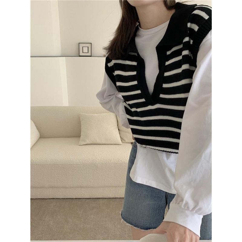 Set áo sơ mi dài tay và áo len không tay họa tiết sọc thời trang dành cho nữ