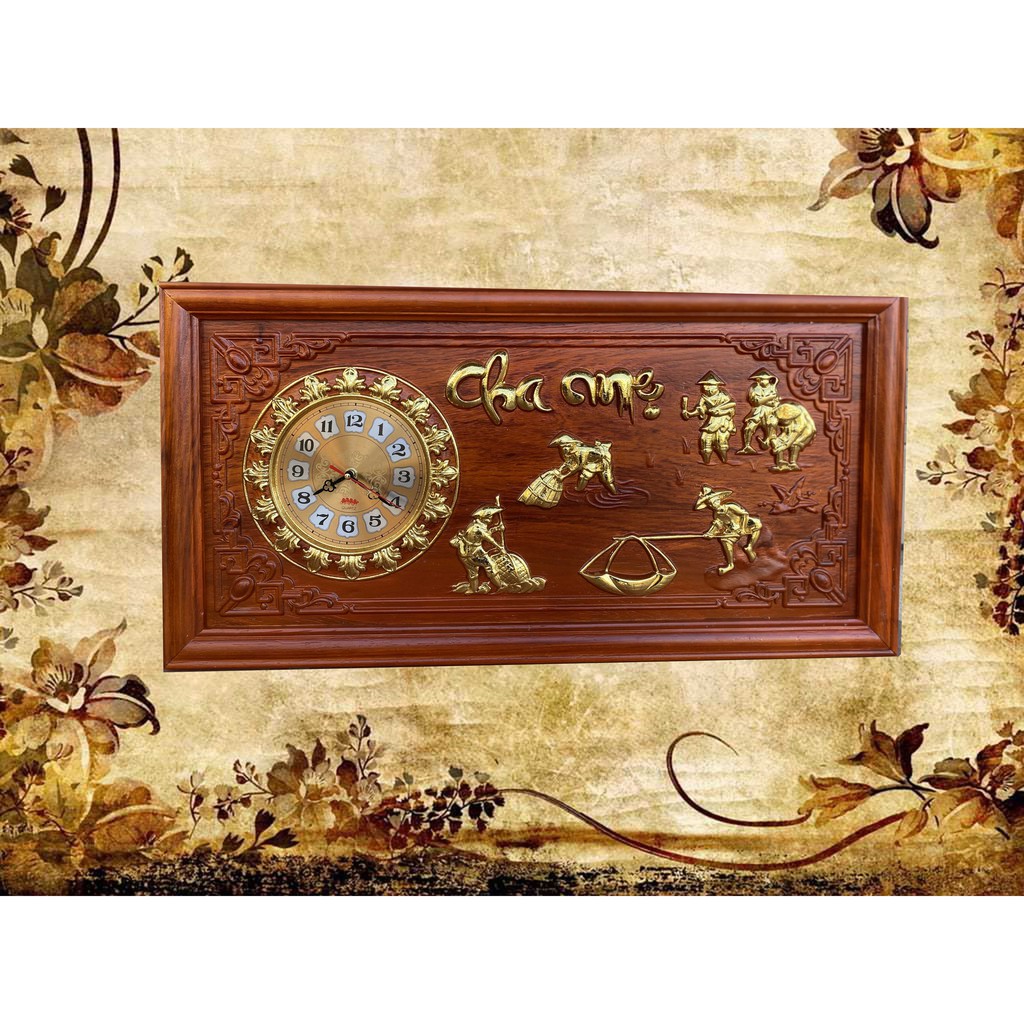 Tranh đồng hồ chữ cham mẹ đồng quê,Tranh cha mẹ gỗ hương dài 81 rộng 41cm dày 3cm