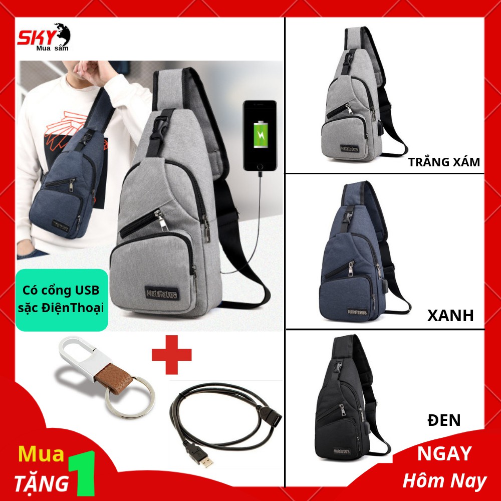 Túi Đeo Chéo Nam Cổng USB Sặc Điện Thoại Da Phối Vải Polyester Cao Cấp + [ TẶNG KÈM Móc Khóa  + cáp sặc USB ]