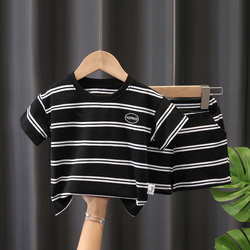 Set Đồ Mùa Hè 2 Món Gồm Áo Cotton Tay Cộc Kẻ Sọc + Quần Ngắn Thời Trang Hàn Quốc Cho Bé Trai 0-5 Tuổi