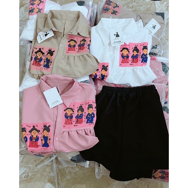 Sét áo sơ mi nữ kiểu lệch tà + quần lưng thun