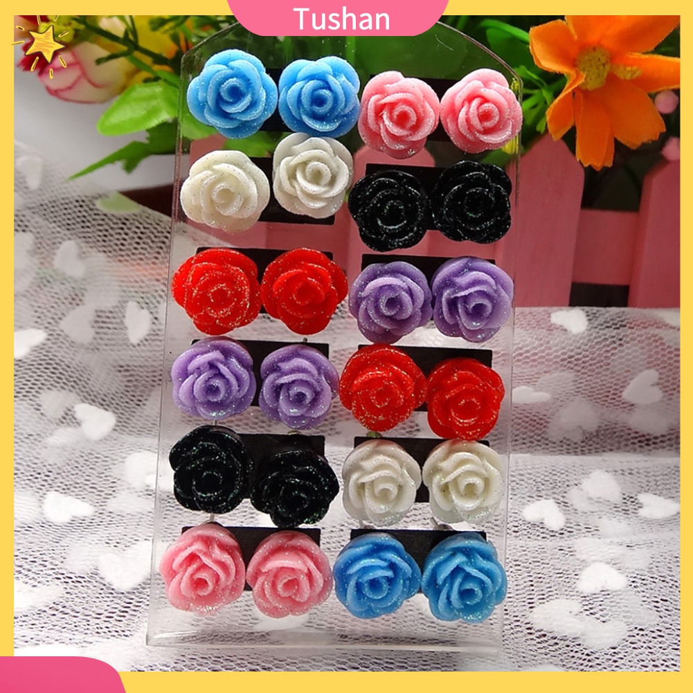 TUSH_12Pairs Lifelike Fake Colorful Rose Flower Charm Ear Stud Earrings Jewelry Gift