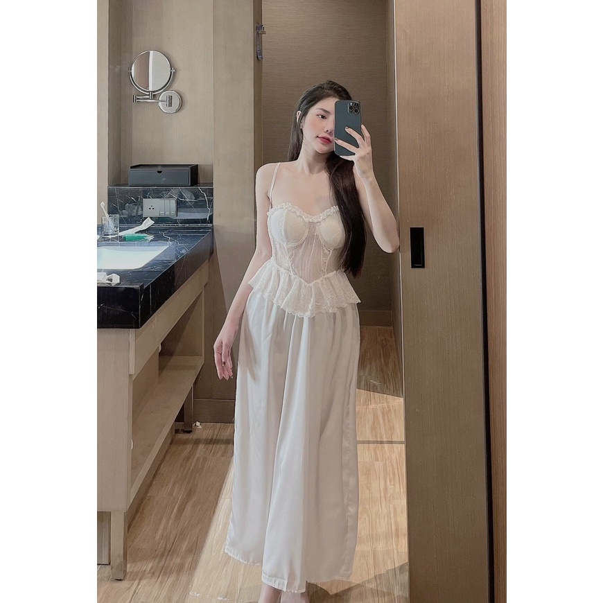 Set Đầm Ngủ Công Chúa 2 Dây Sexy Kèm Áo Choàng Lụa Xinh Xắn Freesize
