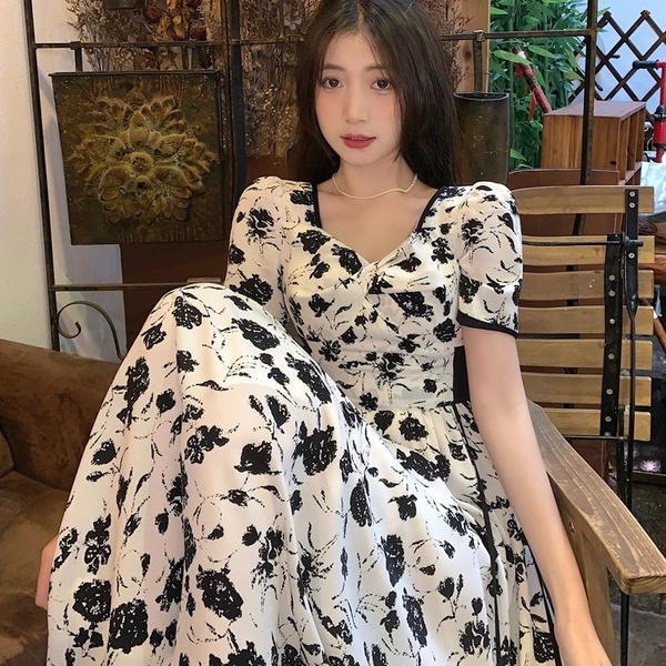 Đầm ZHELIHANGFEI dáng dài qua đầu gối chiffon có khóa kéo in họa tiết hoa nhỏ chất lượng cao xinh xắn