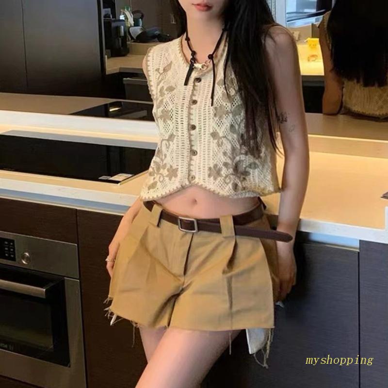 Áo Croptop Dệt Kim Không Tay Cổ Chữ V Dáng Rộng Thêu Hoa Phối Nút Thời Trang Cho Nữ