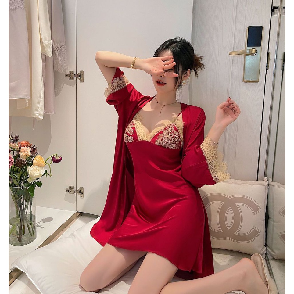 Áo Choàng Tắm Tay Dài Bằng Lụa Lạnh Phối Ren Quyến Rũ Thời Trang Xuân Hè Mới Cho Nữ