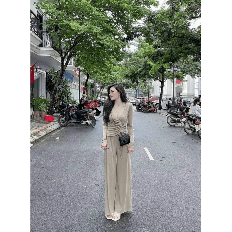 SÉT BỘ THUN GÂN ÁO CỔ Y TAY DÀI DÁNG ÔM PHỐI QUẦN DÀI ỐNG RỘNG CHUẨN GU THỜI TRANG UP
