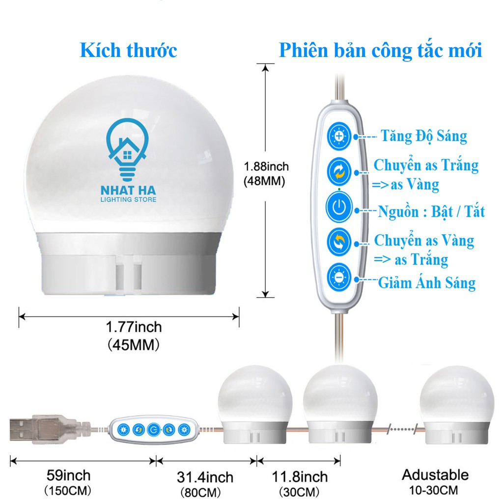 Đèn Led Gắn Gương Bàn Trang Điểm, Đèn Led Dán Trang Trí Gương BL031 Bộ 10 Bóng - Tăng Giảm Ánh Sáng 5 Chế Độ