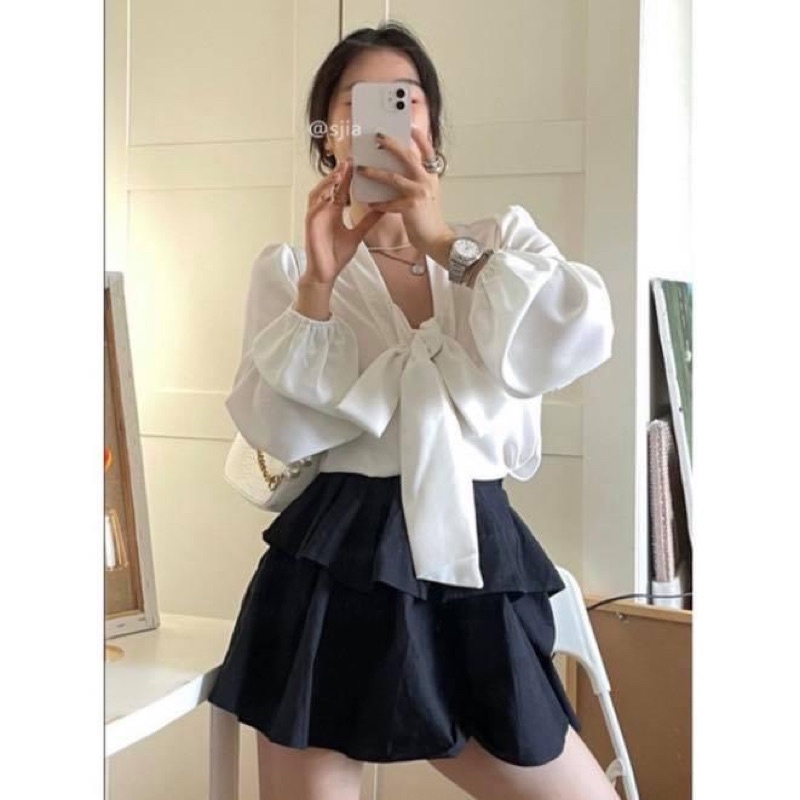 Áo sơ mi kiểu nữ tay dài phồng phối nơ ngực trắng tiểu thư - Order taobao quảng châu