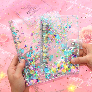 Bìa Đựng Sổ Tay Màu Kim Tuyến Trong Suốt Dành Cho Sổ Cỡ Giấy A5 / A6 Thiết Kế Gáy 6 Vòng Cố Định