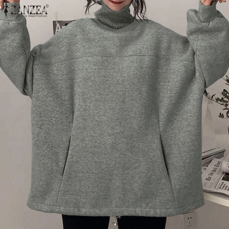 Áo sweater ZANZEA cổ cao tay màu dáng rộng màu trơn phối túi bên hông thời trang cho nữ