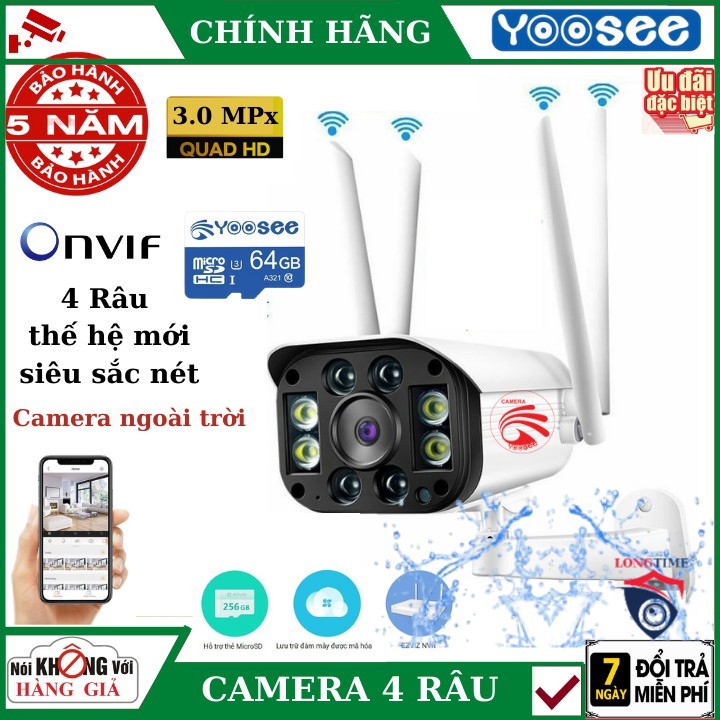 Camera ip wifi ngoài trời yoosee 4 râu , 3.0 MPx  , có màu ban đêm , cảm biến chuyển động , đàm thoại  2 chiều