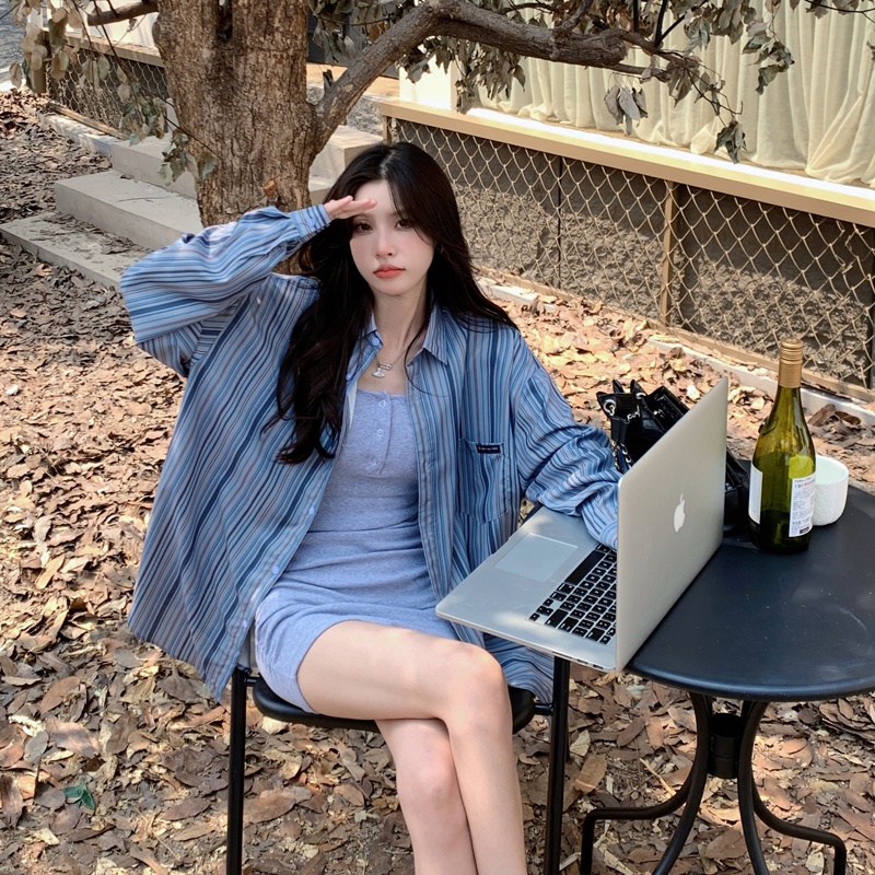 ZHELIHANGFEI Áo Sơ Mi Sọc Dọc Tay Dài Theo Phong Cách Retro Dễ Phối Đồ