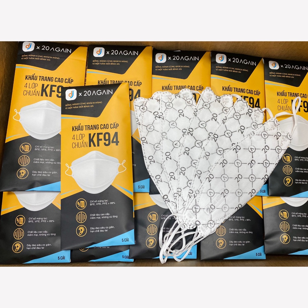 Hộp 5 chiếc khẩu trang y tế 4D 20AGAIN x D&amp;J KF94, bảo vệ 4 lớp, kháng khuẩn, hiệu quả lọc trên 99% KTA0004
