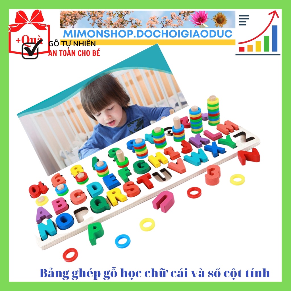 Bảng Cột Tính Học Đếm Và Ghép Chữ Cái In Hoa Tiếng Anh Đa Năng Bằng Gỗ Cho Bé MIMON