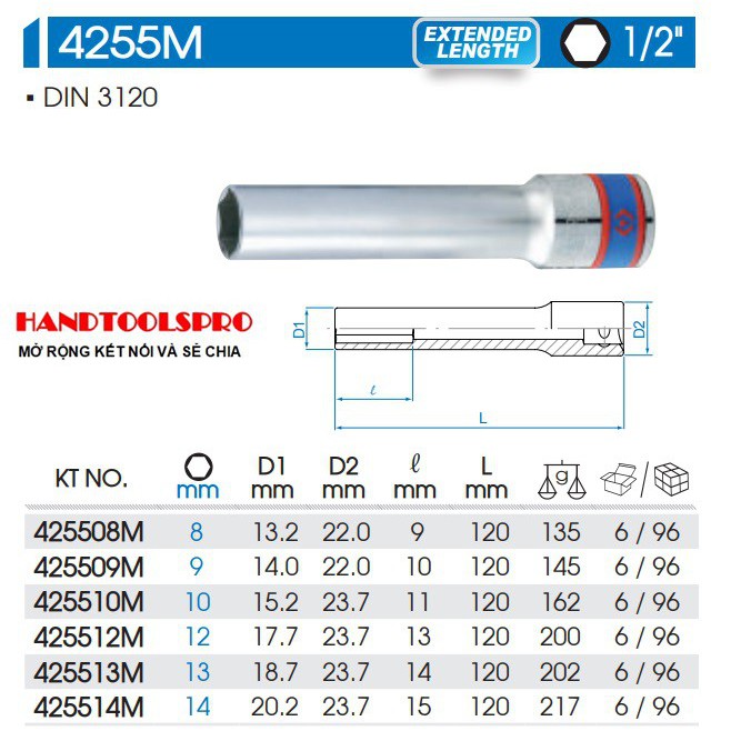 Đầu tuýp dài lục giác 1/2" dài 120mm size 8,10,12,13,14mm Kingtony 4255M