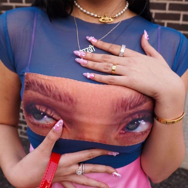 Áo Thun Croptop Tay Ngắn Dáng Ôm In Hình Đôi Mắt Vui Nhộn Phong Cách Harajuku Thời Trang Mùa Hè Cho Nữ