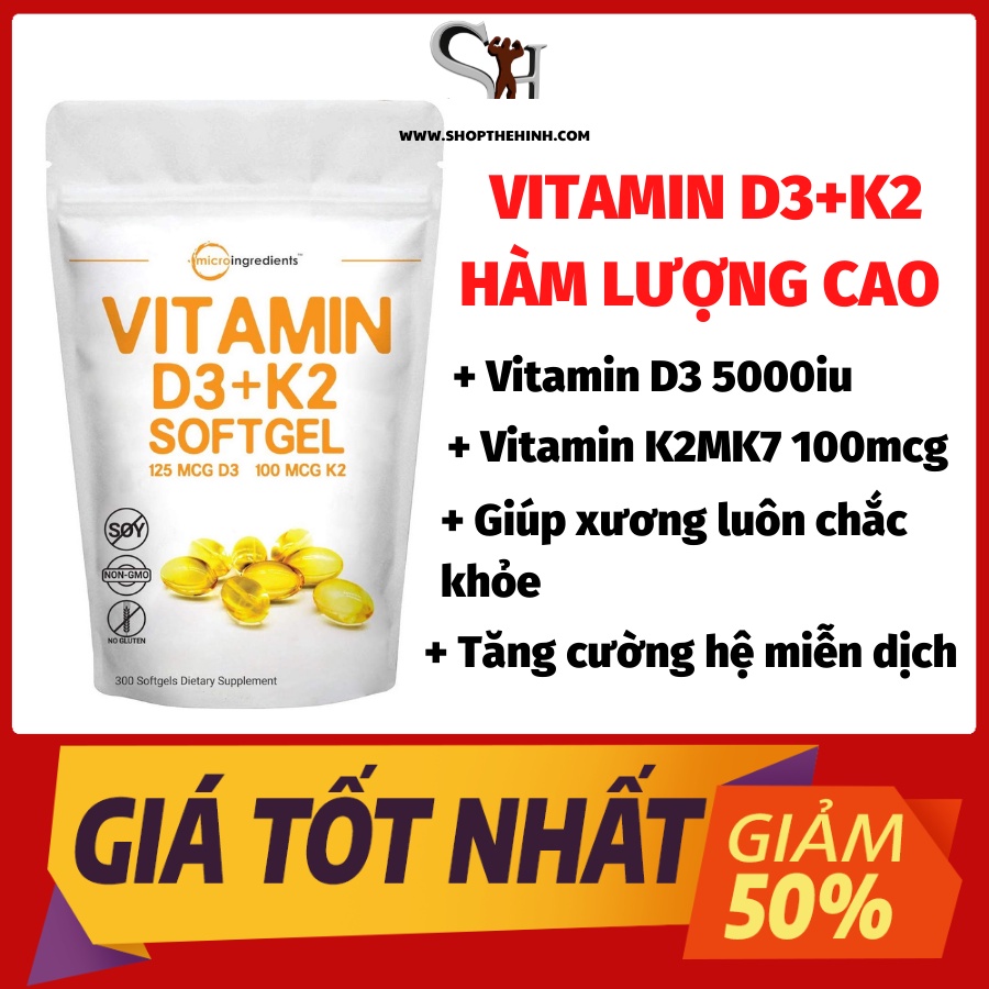 Micro Ingredients Vitamin D3 + K2  - Thực Phẩm Bổ Sung Tăng Sức Đề Kháng, Hệ Miễn Dịch, Săn Chắc Xương