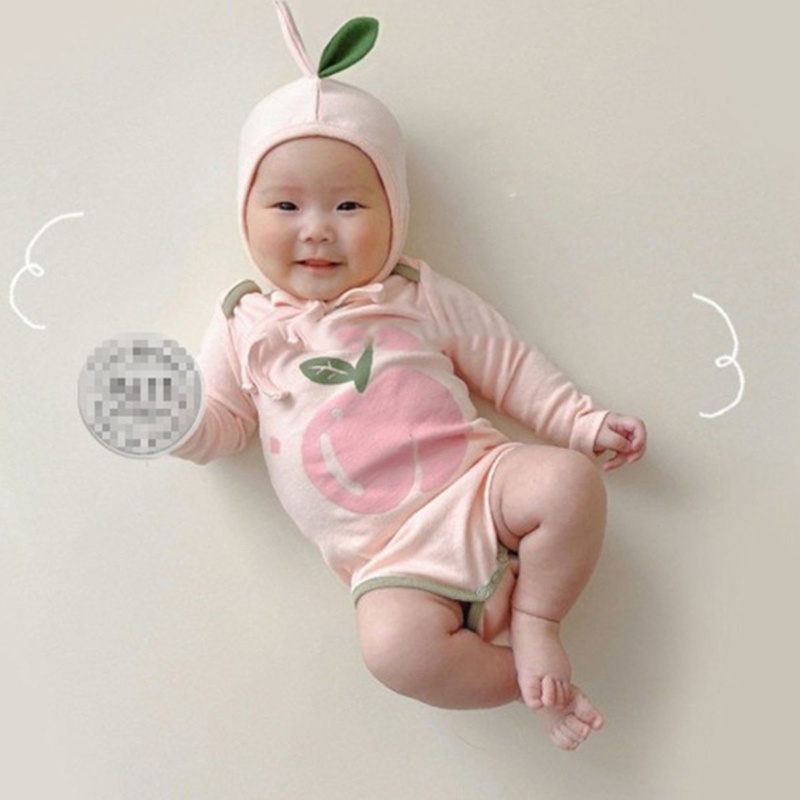 Bộ Áo Liền Quần Tay Dài Kèm Nón In Họa Tiết Trái Cây Dễ Thương Cho Bé Trai Và Gái