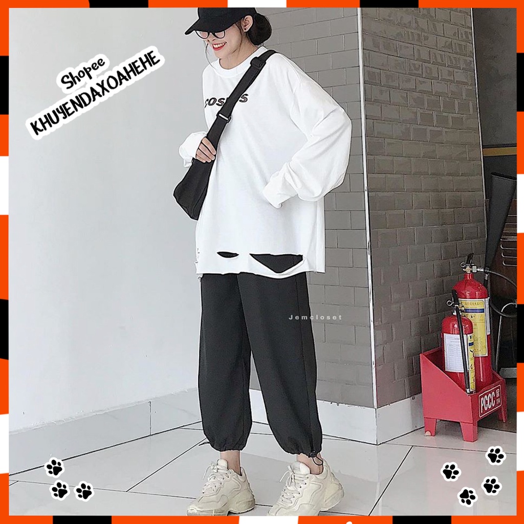 SQ009 Set áo thun dài tay rách Cosmos form rộng + quần Jorgger đen gấu bo nam nữ, bộ áo phông trắng oversize quần dài